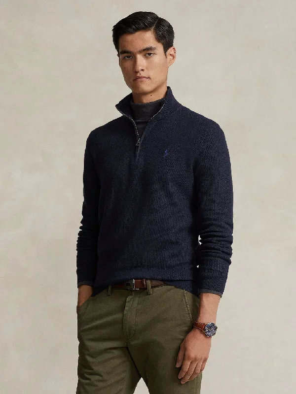 MESH-KNIT COTTON QUARTER-ZIP SWEATER Marine