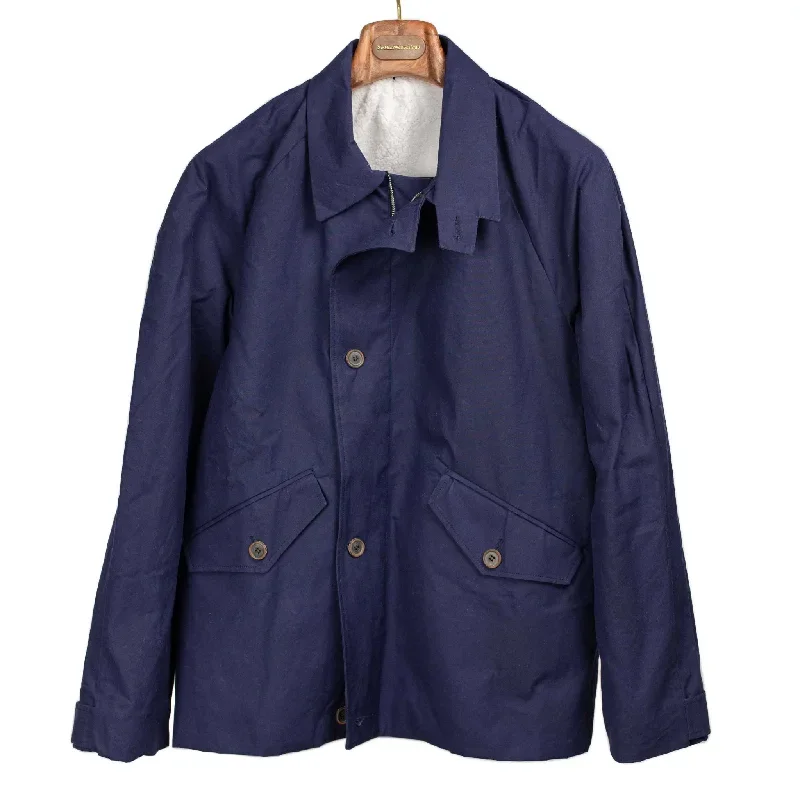 A Jacket in navy English dry waxed cotton with teddy lining