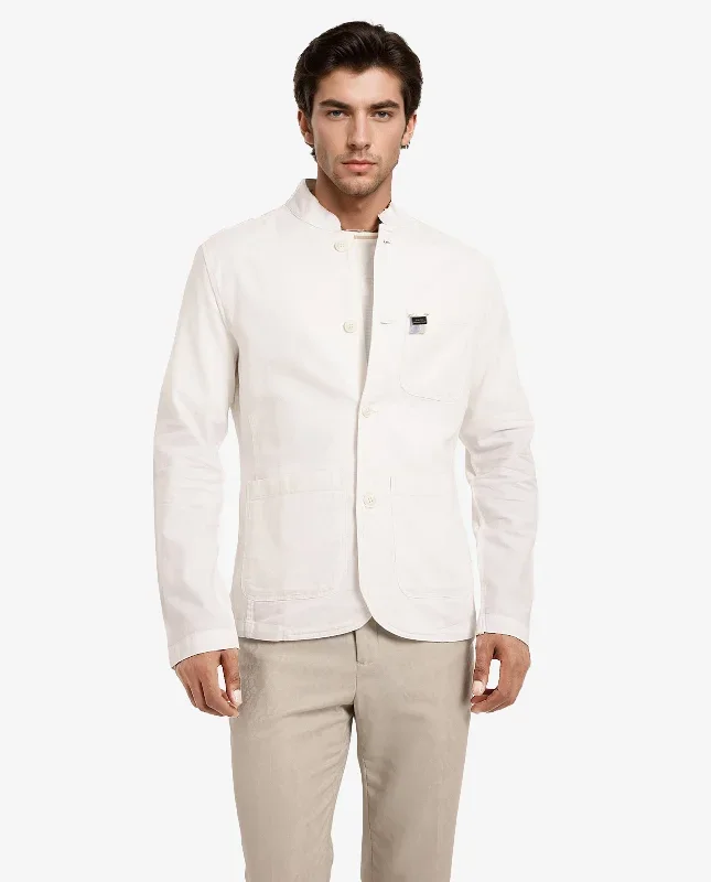 Rare Rabbit Men's Bastein Off White Cotton Fabric Full Sleeves Mandarin Collar Plain Relaxed Fit Jacket