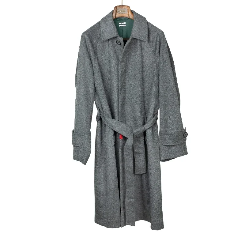 Belted overcoat in mid-grey wool and cashmere