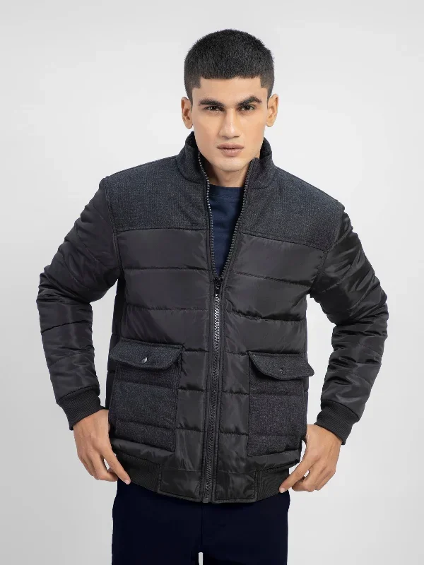 Black Contrasting Wool Puffer Jacket