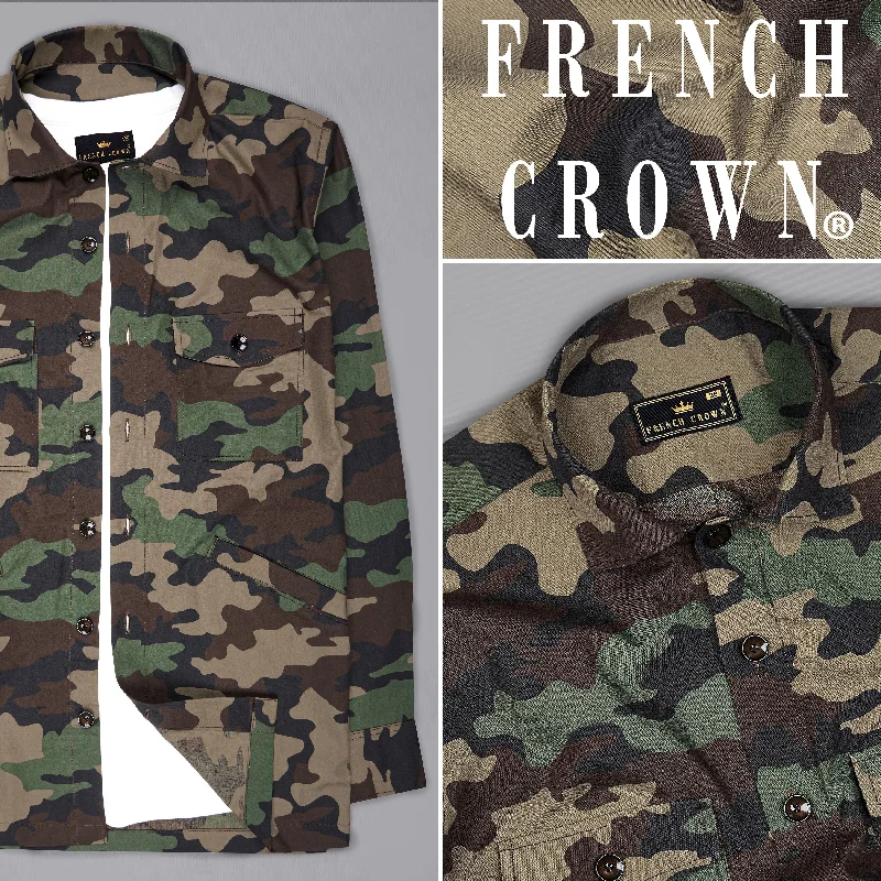 Bronco Brown with Ironside Green Camouflage Printed Royal Oxford Designer Overshirt/Shacket