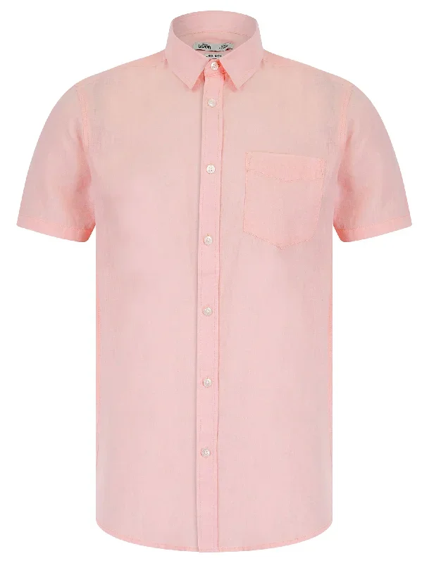 Bertrand  Classic Collar Short Sleeve Cotton Linen Shirt in Pink - Tokyo Laundry