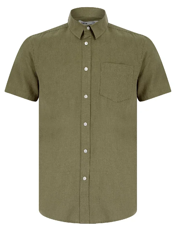 Bertrand  Classic Collar Short Sleeve Cotton Linen Shirt in Light Khaki - Tokyo Laundry