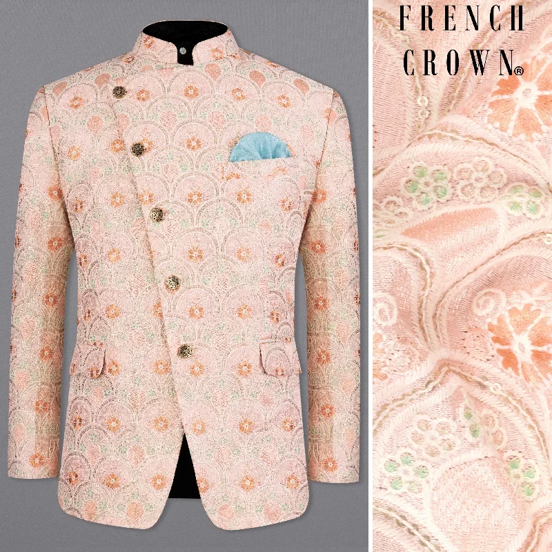 Cosmos Light Pink with Tangerina Orange Cross Placket Cotton Thread Heavy Embroidered Bandhgala Designer Blazer