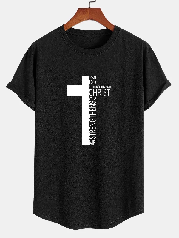 Cross Slogan Print Cotton Arc Hem T-Shirt