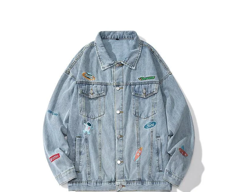 Embroidery Washed Lapel Denim Jacket