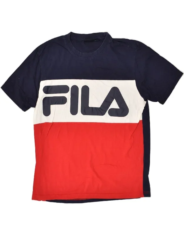 FILA Mens Graphic T-Shirt Top Large Navy Blue Colourblock Cotton