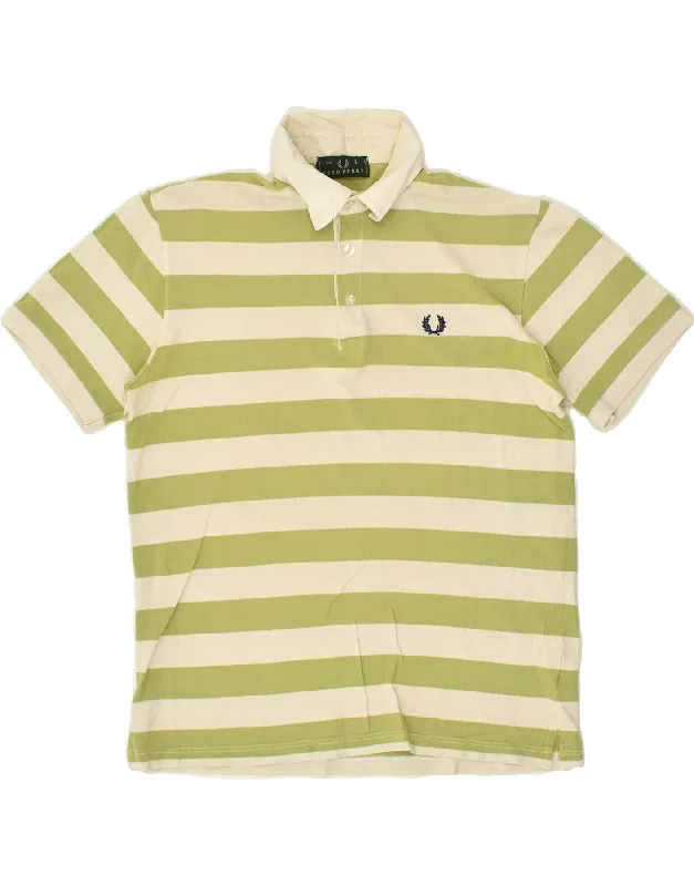 FRED PERRY Mens Polo Shirt Large Green Striped Cotton