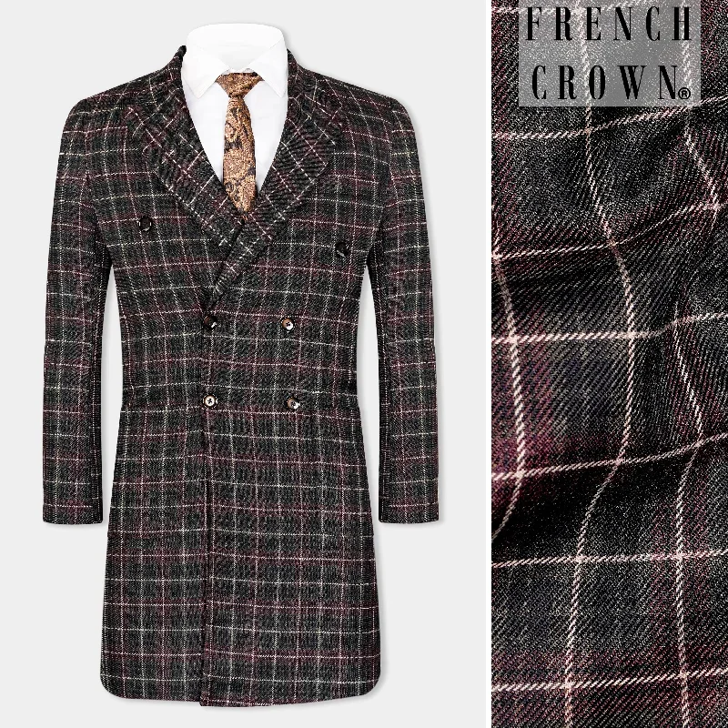 Fuscous Black and Rock Pink Plaid Tweed Double Breasted Trench Coat