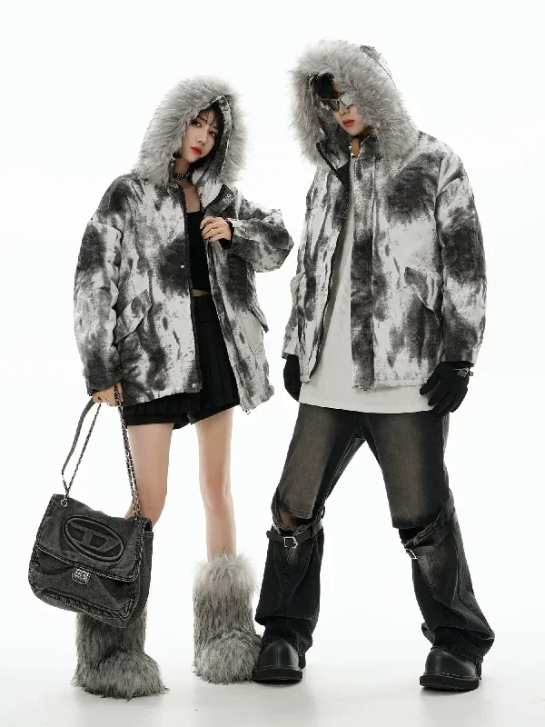 GCINIM "Splashed Ink" Faux Fur-Hood Puffer Jacket