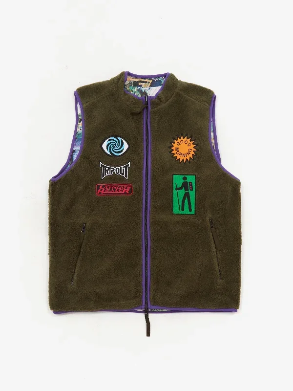 Good Morning Tapes Reversible Polar Fleece Zip Thru Vest - Moss/Shrooms