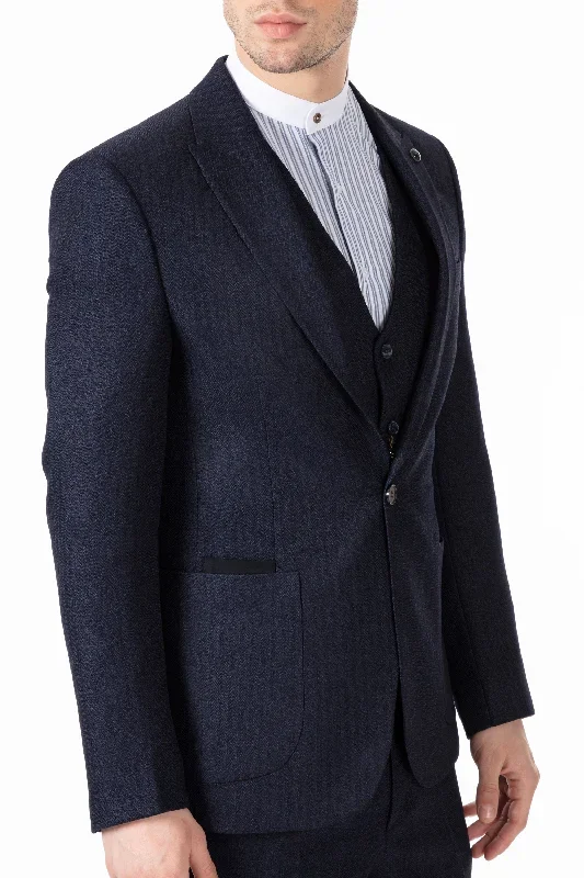 JOHN - Navy Tweed Herringbone 3 Piece Suit with Patch Pockets