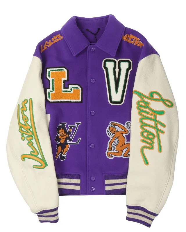 Multi-Patches Mixed Leather Varsity Blouson