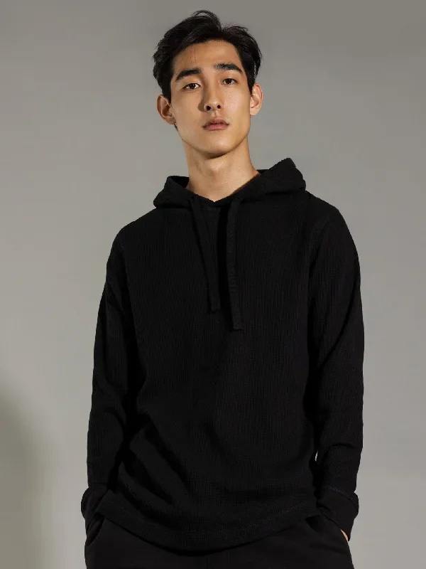 Maison Waffle Hooded Long Sleeve in Black