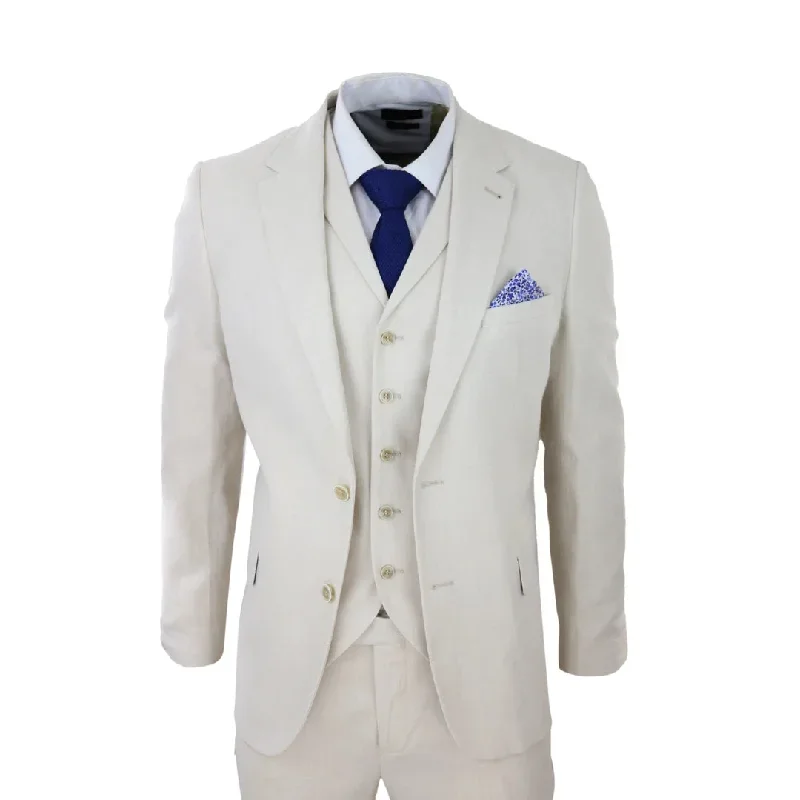 57047 - Men's 3 Piece Linen Suit Summer Breathable Wedding Cotton Cream Beige