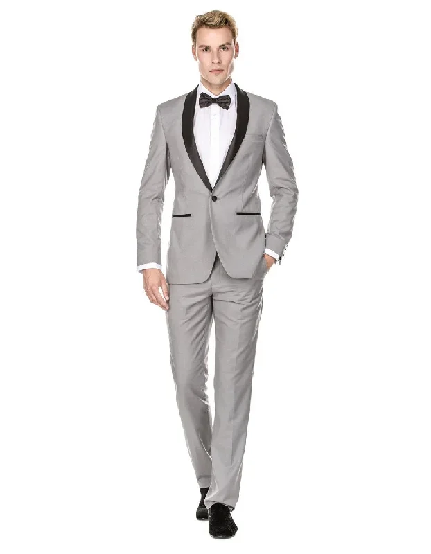 Mens Prom | Wedding Slim Fit Shawl Tuxedo Light Grey - Mens Slim Fitted Tuxedo