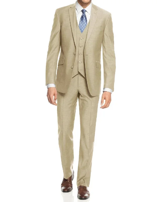 Mens Smart Slim Vested Suit Tan