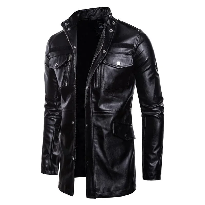 Men's Solid Color Stand Collar Leather Motor Jacket 40794811X