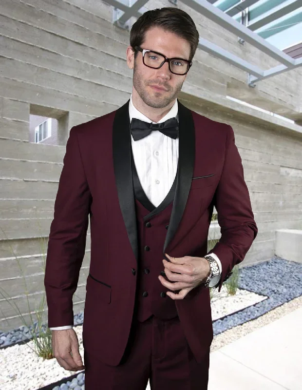 Mens Wool One Button Shawl Tuxedo with Double Breasted Vest in Burgundy