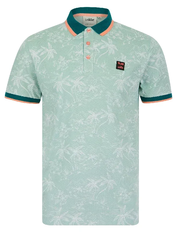 Milo Cotton Blend Pique Tropical Hawaiian Print Polo Shirt in Cloud Blue - Tokyo Laundry