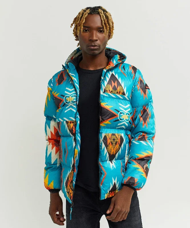 Native Skull Geometric Print Hooded Puffer Jacket