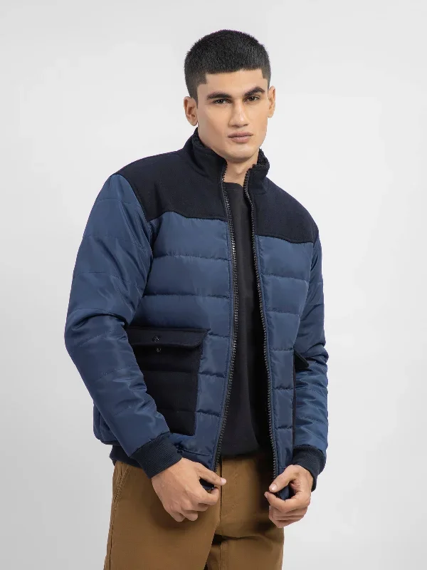 Navy Blue Contrasting Wool Puffer Jacket