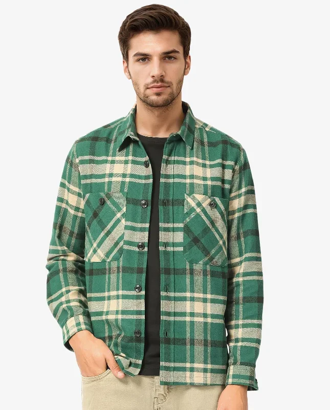 Rare Rabbit Men's Nero Dark Green Cotton Fabric Full Sleeves Button Closure Twill Checks Shacket