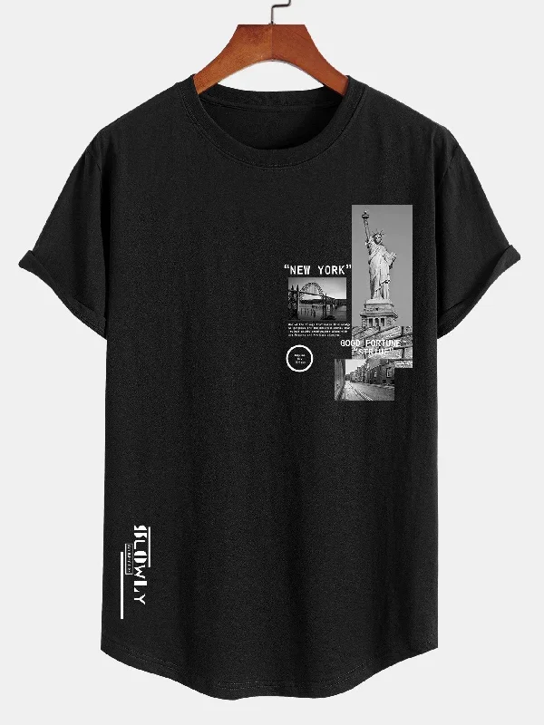 New York Scenery Print Cotton Arc Hem T-Shirt