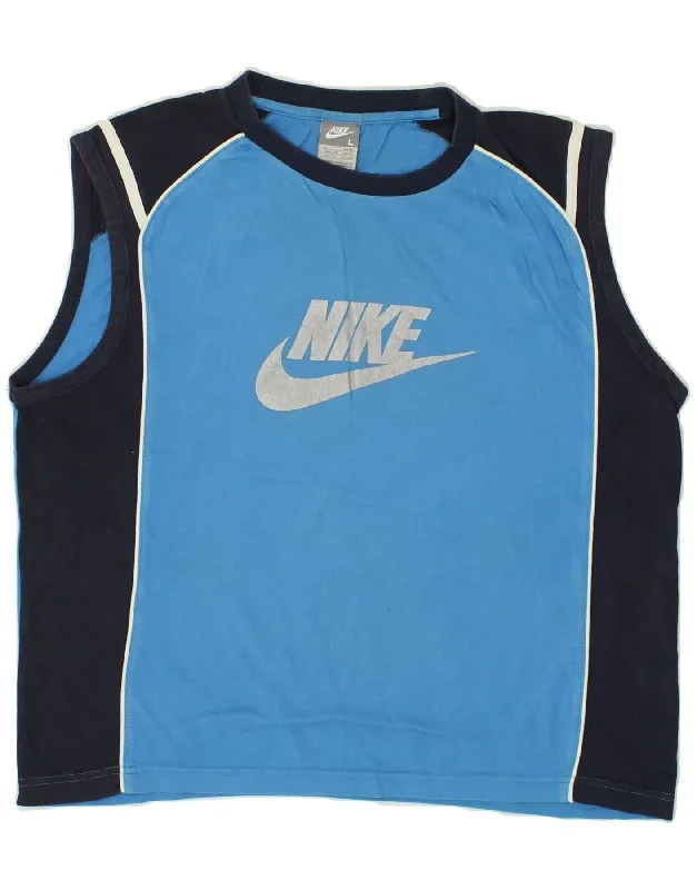 NIKE Mens Graphic Vest Top UK 42/44 Large Blue Colourblock Cotton