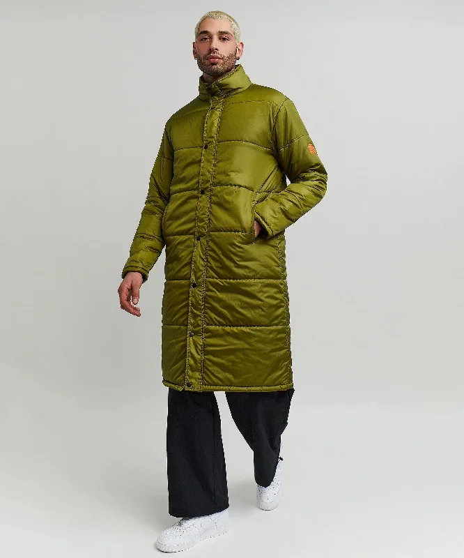 Nylon Puffer Long Line Top Coat - Olive Green