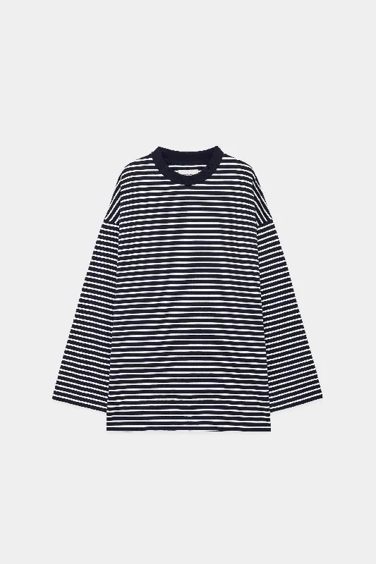 オーガニックコットン コンパクト 60//2 ボーダー天竺 ボックスTee L/S, Navy x White