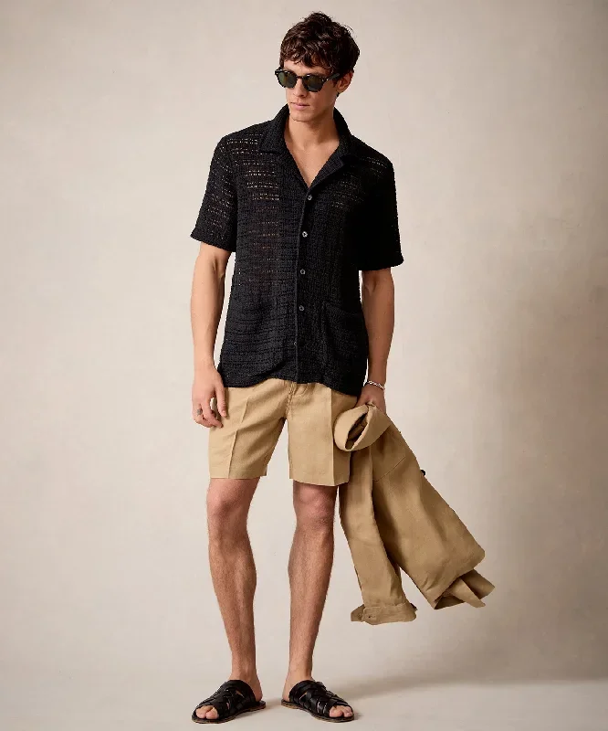 Open-Knit Guayabera Polo Shirt in Black