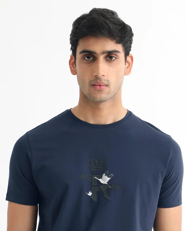 Rare Rabbit Men's Stuart Dark Blue Crew Neck Half Sleeves Regular Fit Graphic Print T-Shirt