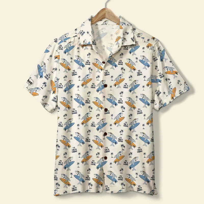 Surfing Hawaiian Shirt - Surfing Shark & Palm Trees Pattern