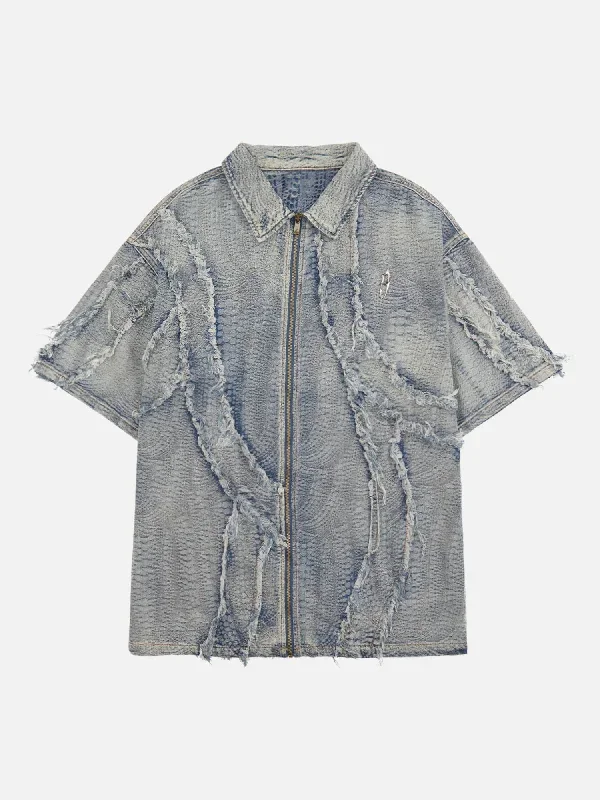 High Street Texture Washed Raw Edge Patch Embroidered Denim Jacket Shirt