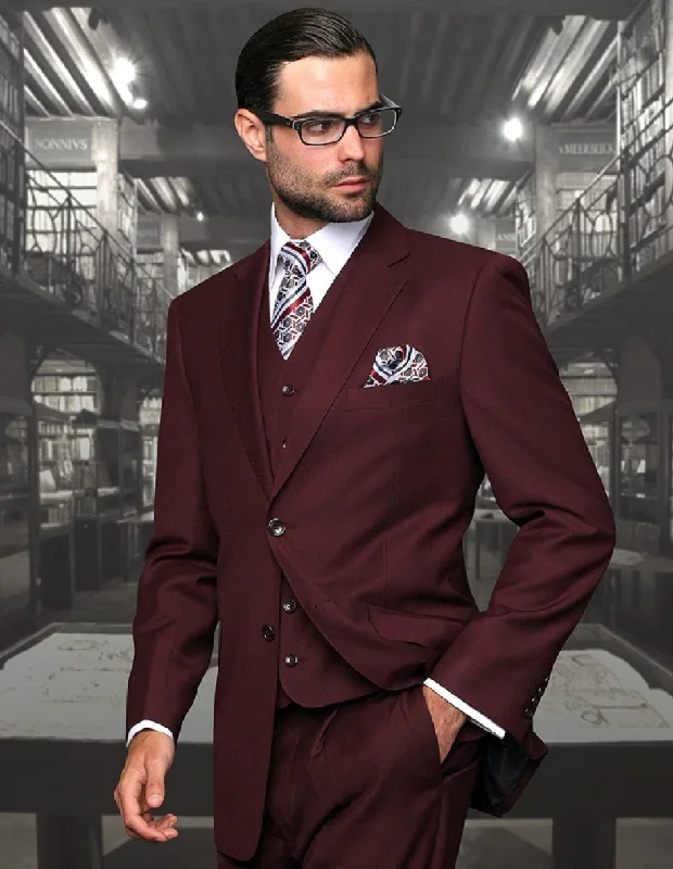 Mens Classic Fit Pleated Pant 2 Button Wool Suit in Burgundy