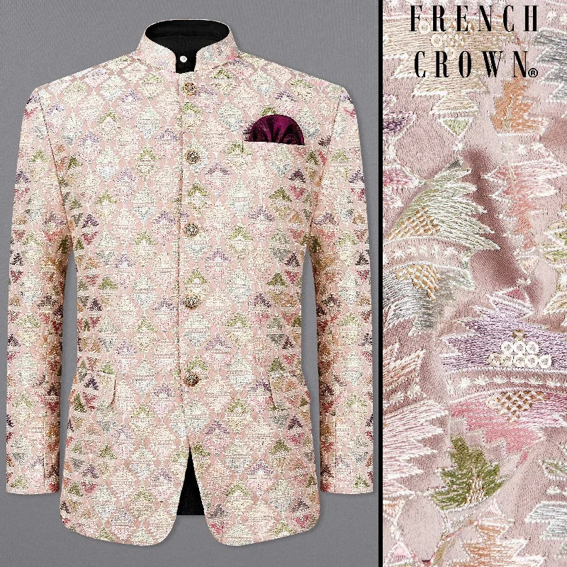 Vanilla Pink and Pixie Green Cotton Thread Embroidered Bandhgala Blazer