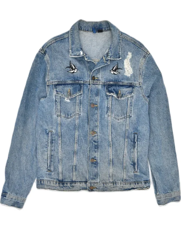 VINTAGE Mens Distressed Denim Jacket UK 40 Large Blue Cotton Bird