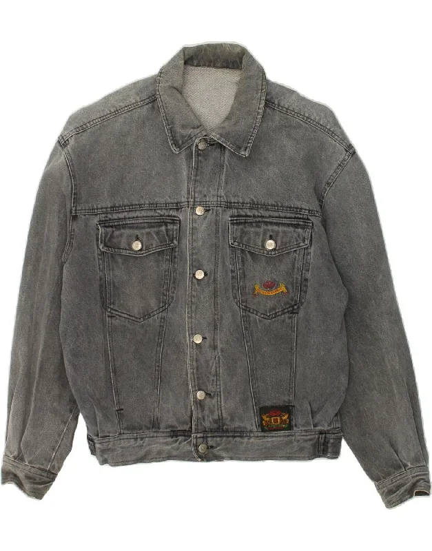 VINTAGE Mens Graphic Denim Jacket UK 40 XL Grey