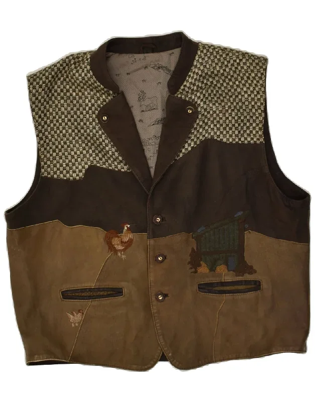 VINTAGE Mens Graphic Leather Gilet IT 60 5XL Brown Leather