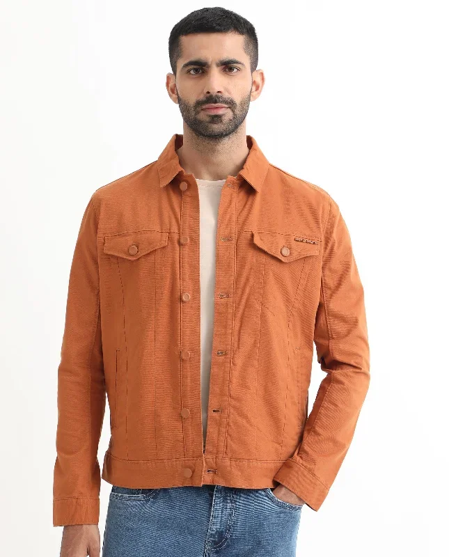 Rare Rabbit Men's Vintage Dark Rust Plain Denim Trucker Jacket