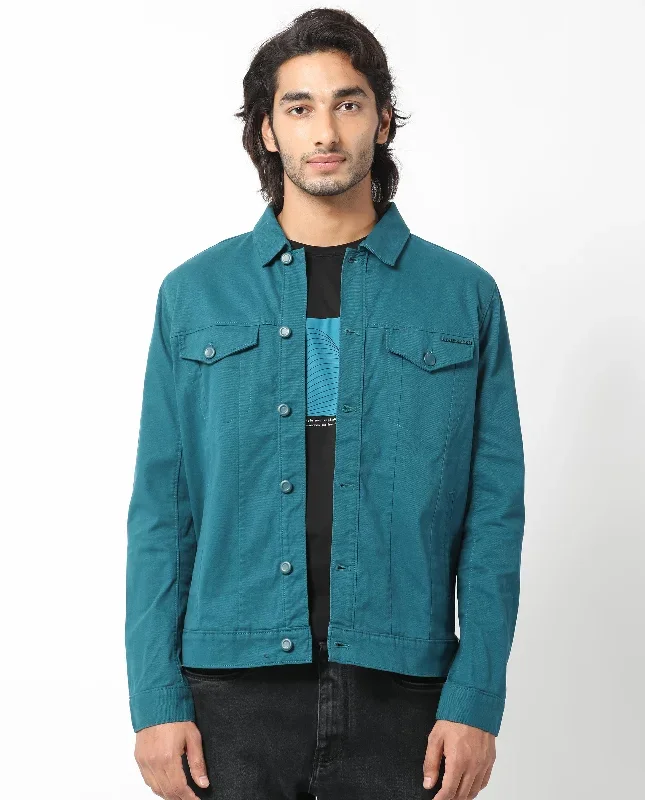 Rare Rabbit Men's Vintage Dark Teal Plain Denim Trucker Jacket