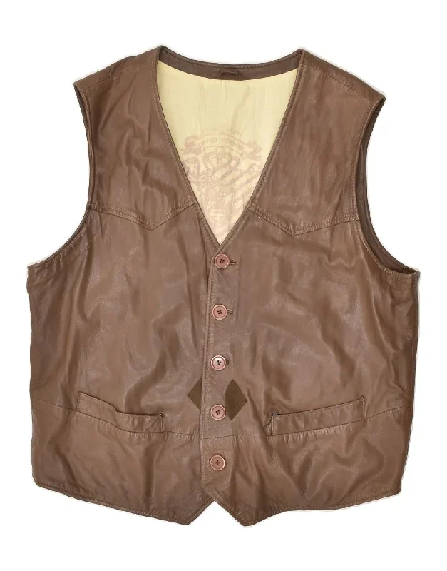 VINTAGE Mens Leather Gilet UK 40 Large Brown