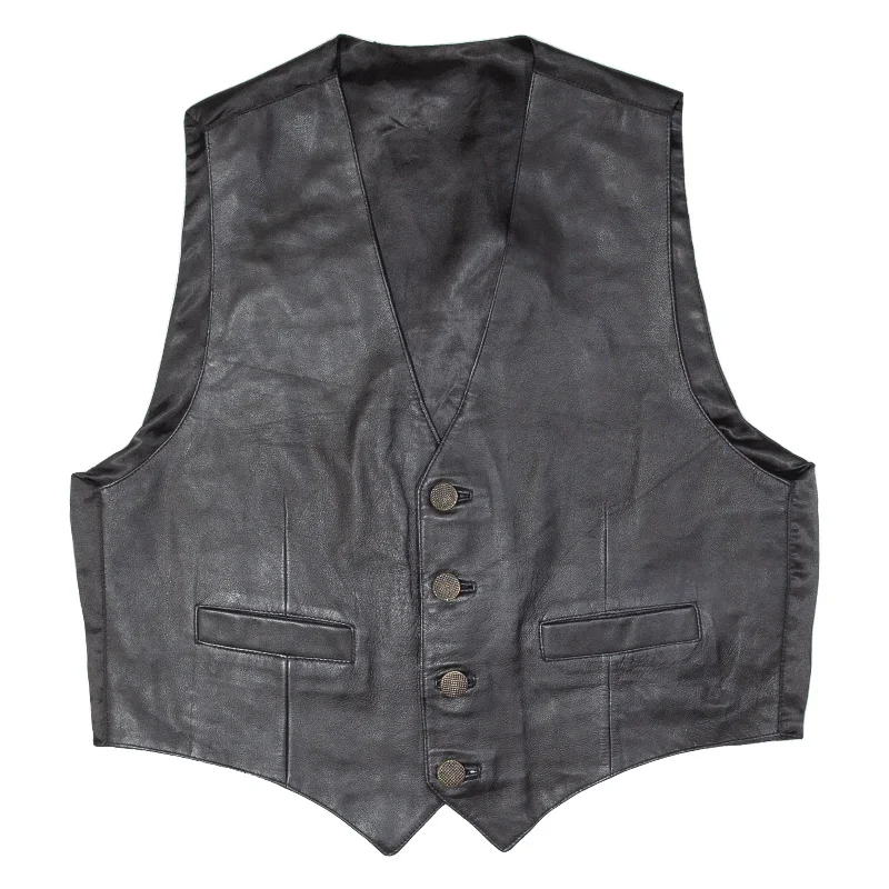 Mens Waistcoat Black Leather 90s L